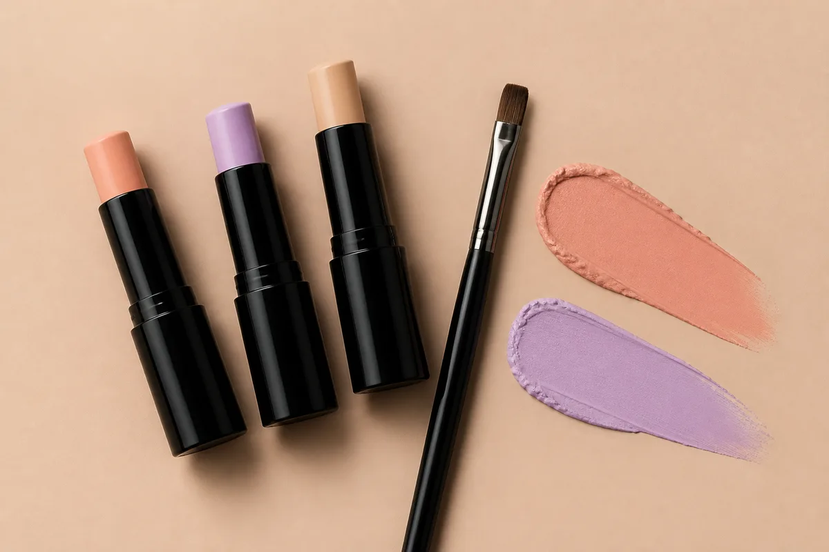 Correcteurs colores peche et lavande poses sur un plan clair avec un pinceau fin