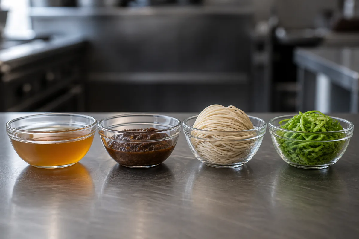 Bol de céramique brune rempli de bouillon fumant, nouilles jaunes et lamelles de viande, vu en plongée