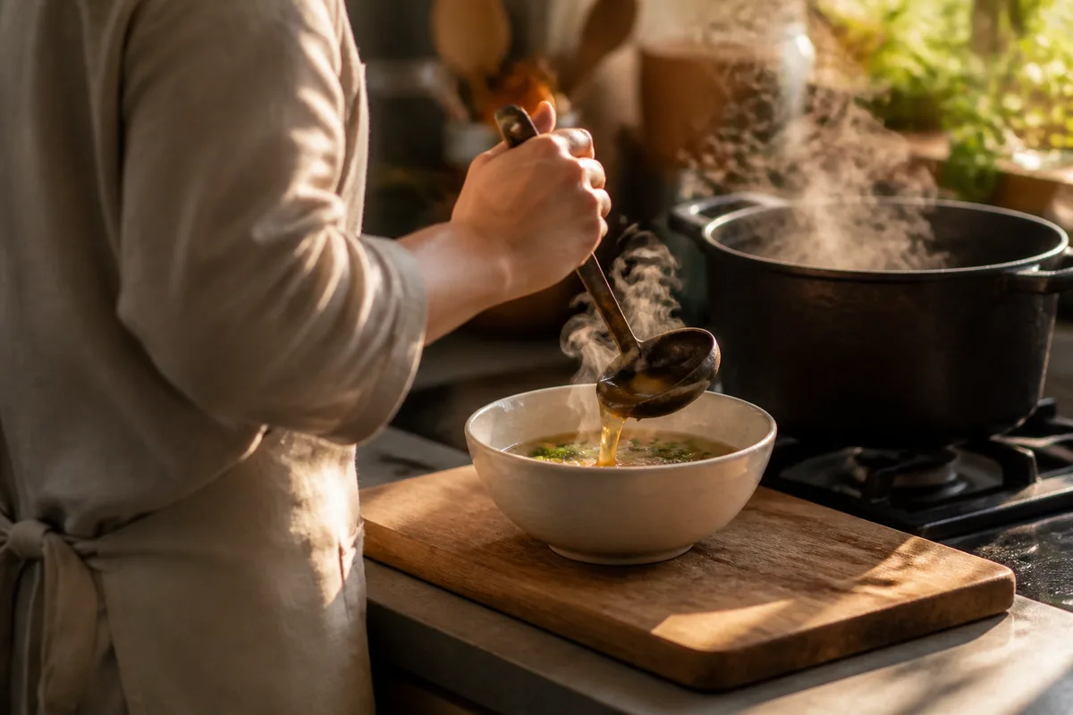 Coupelles de verre lisses alignées contenant bouillon, pâte d’assaisonnement, nouilles crues et légumes émincés