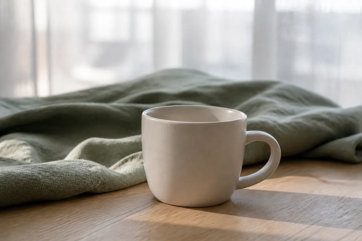 Tasse de céramique unie dans la lumière pâle du matin sur une table de bois clair