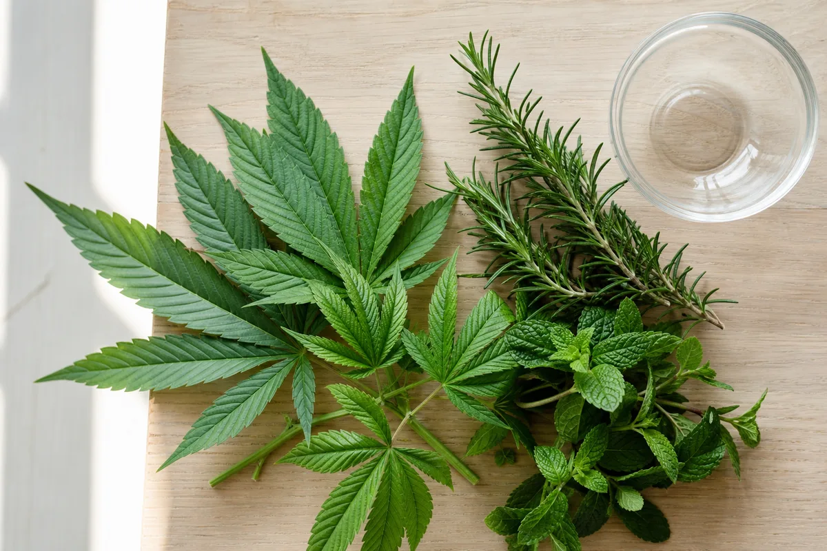Feuilles de chanvre fraîches et brins aromatiques disposés sur un plan de bois clair