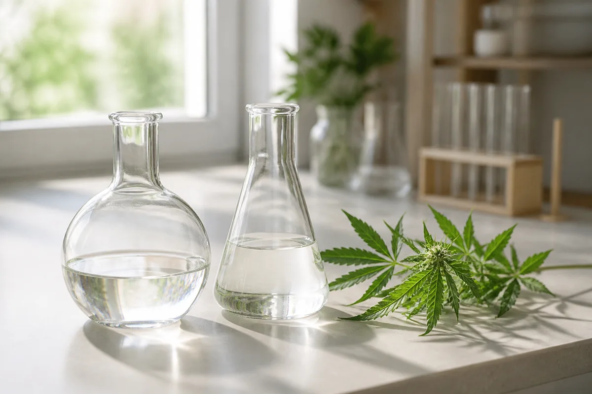 Verrerie de laboratoire lisse posée sur une paillasse claire devant une fenêtre