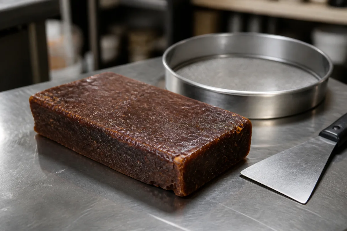 Résine de chanvre en plaque brune posée sur un plan de travail en inox, atelier artisanal en lumière naturelle