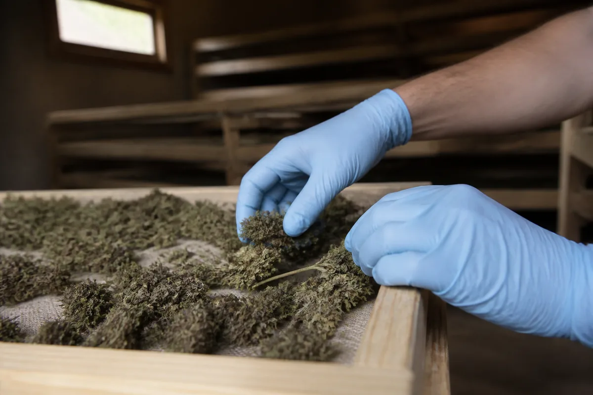 Mains gantées disposant des sommités de chanvre séchées sur une claie de séchage en bois, atelier clair