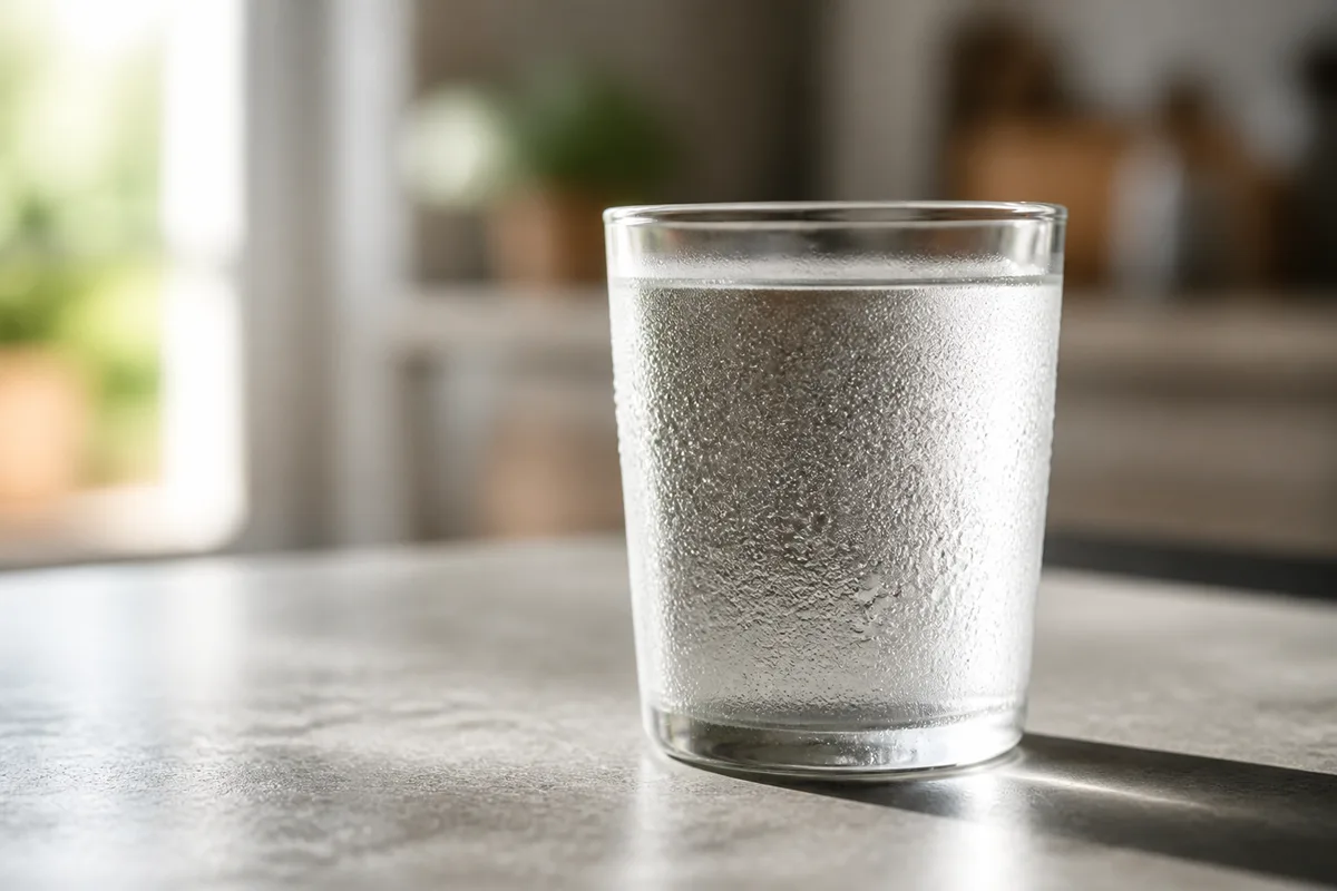 Verre d&rsquo;eau couvert de condensation sur un plan de travail en pierre grise par temps chaud
