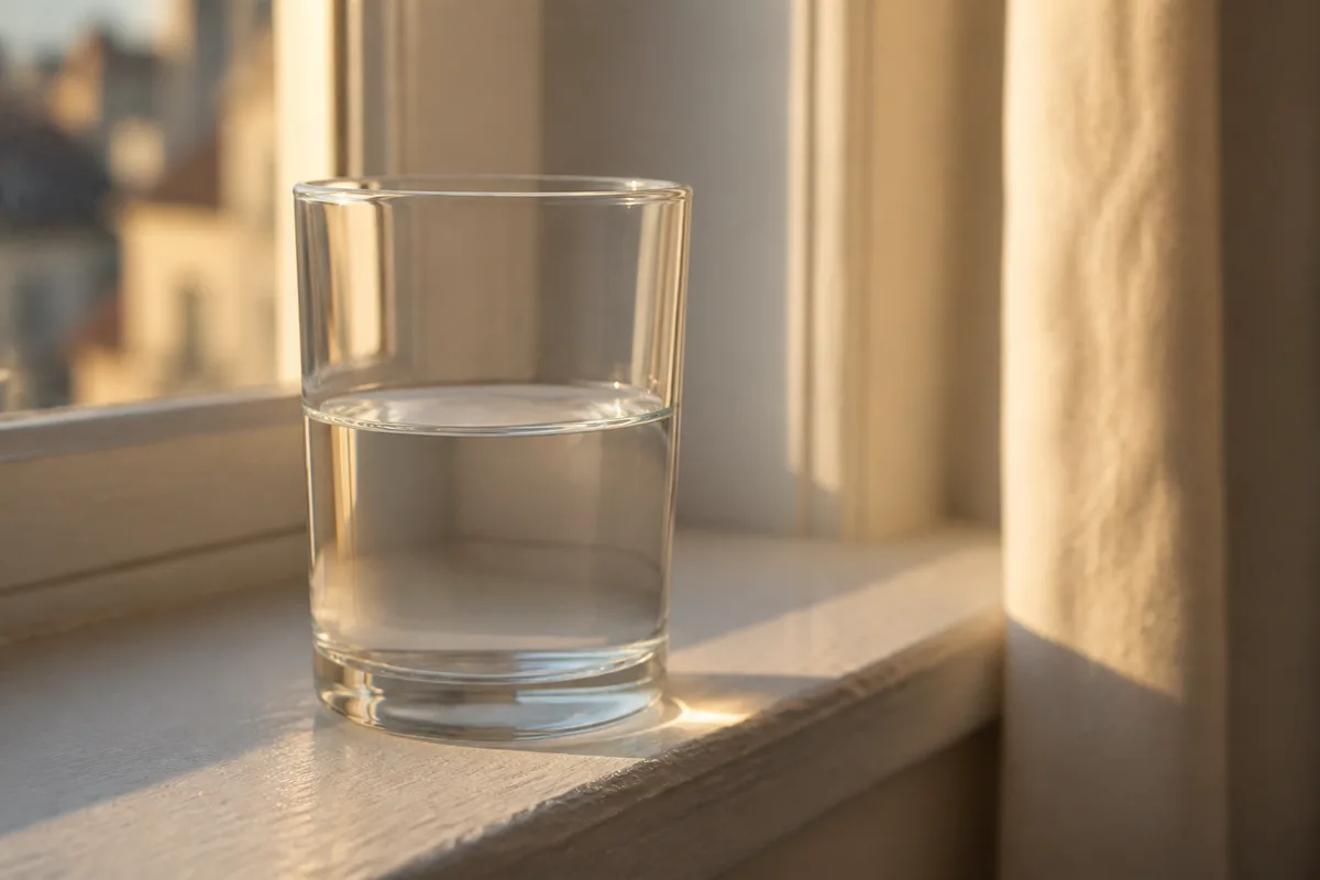 Verre d&rsquo;eau à moitié rempli sur un rebord de fenêtre dans une lumière douce de fin de journée