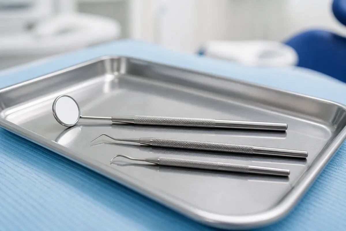 Plateau d&rsquo;instruments dentaires en acier poli aligné sur un champ en tissu bleu clair