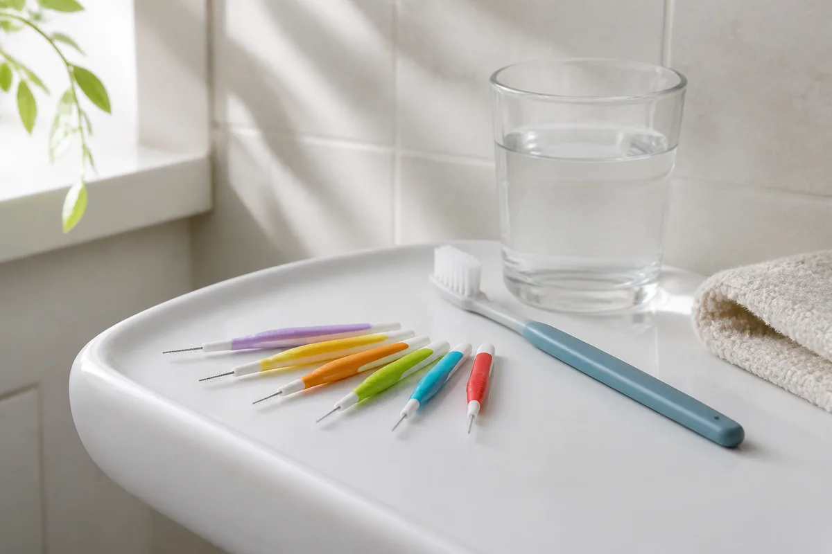 Brossettes interdentaires et brosse à dents à manche uni posées près d&rsquo;un verre d&rsquo;eau sur une tablette de céramique