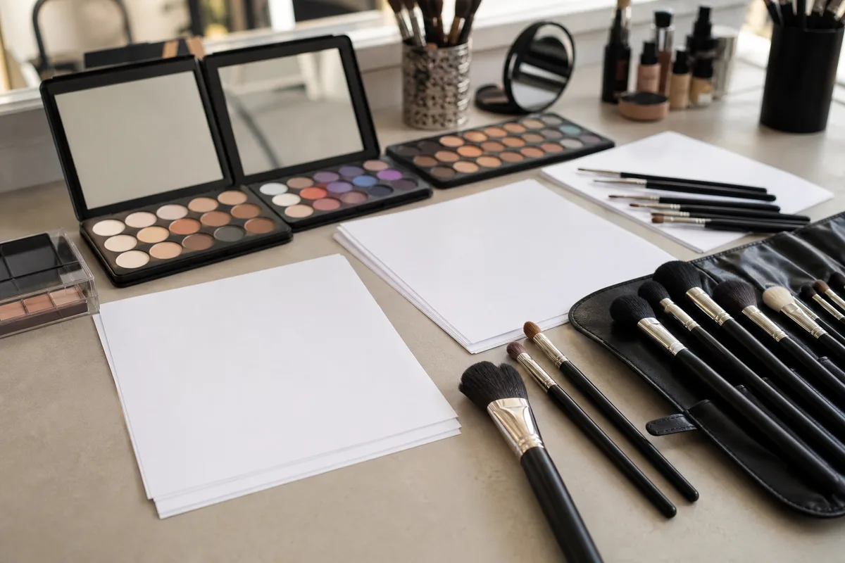 Plan de travail d&rsquo;atelier de maquillage avec pinceaux professionnels, palettes de fards et face charts