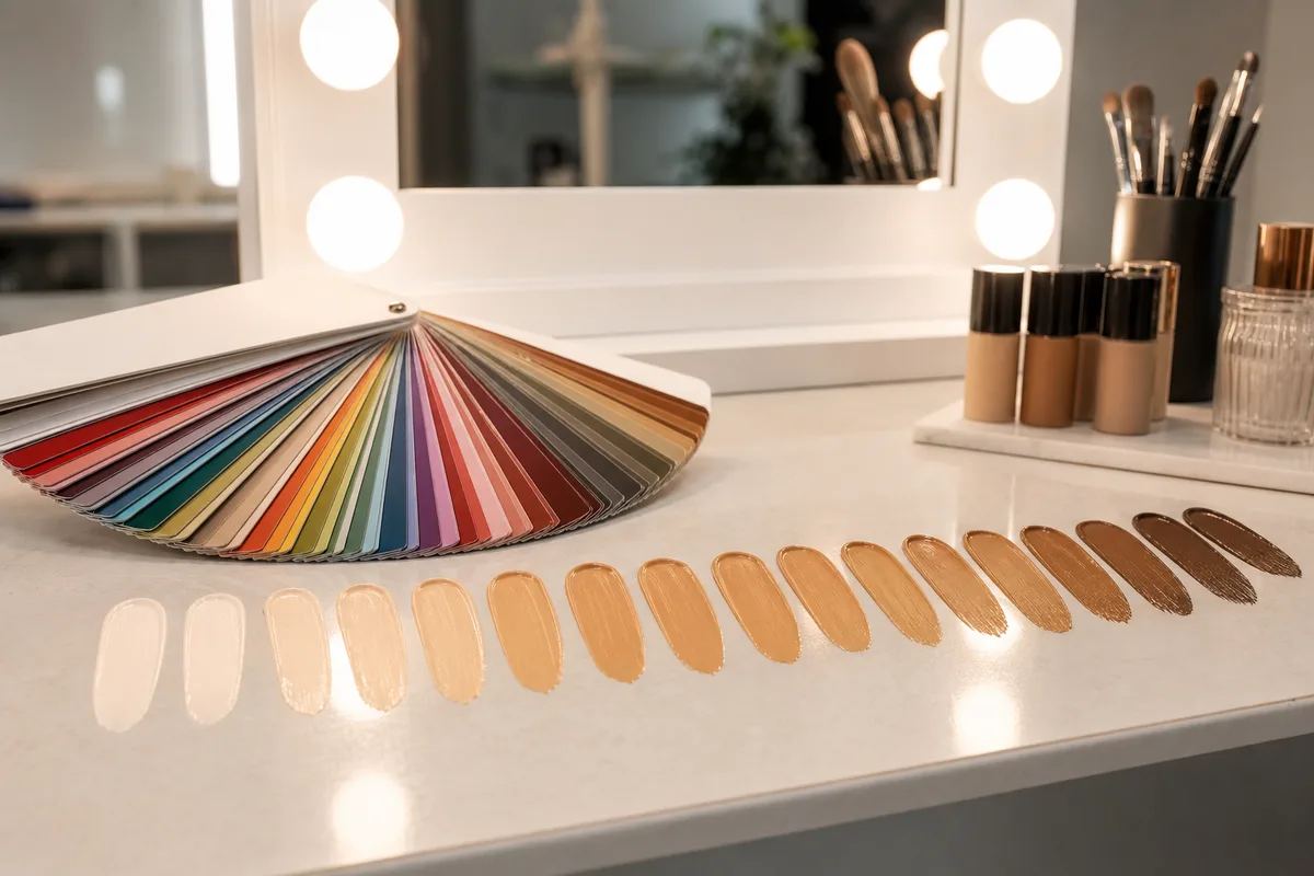 Nuancier de colorimétrie et échantillons de fonds de teint alignés sur une coiffeuse de studio
