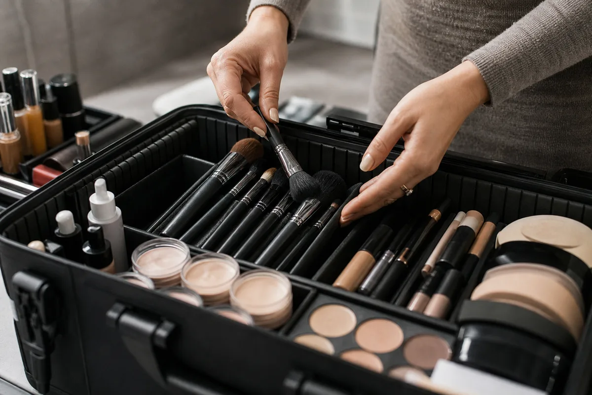 Mains d&rsquo;une maquilleuse organisant son kit professionnel dans une mallette avant une prestation