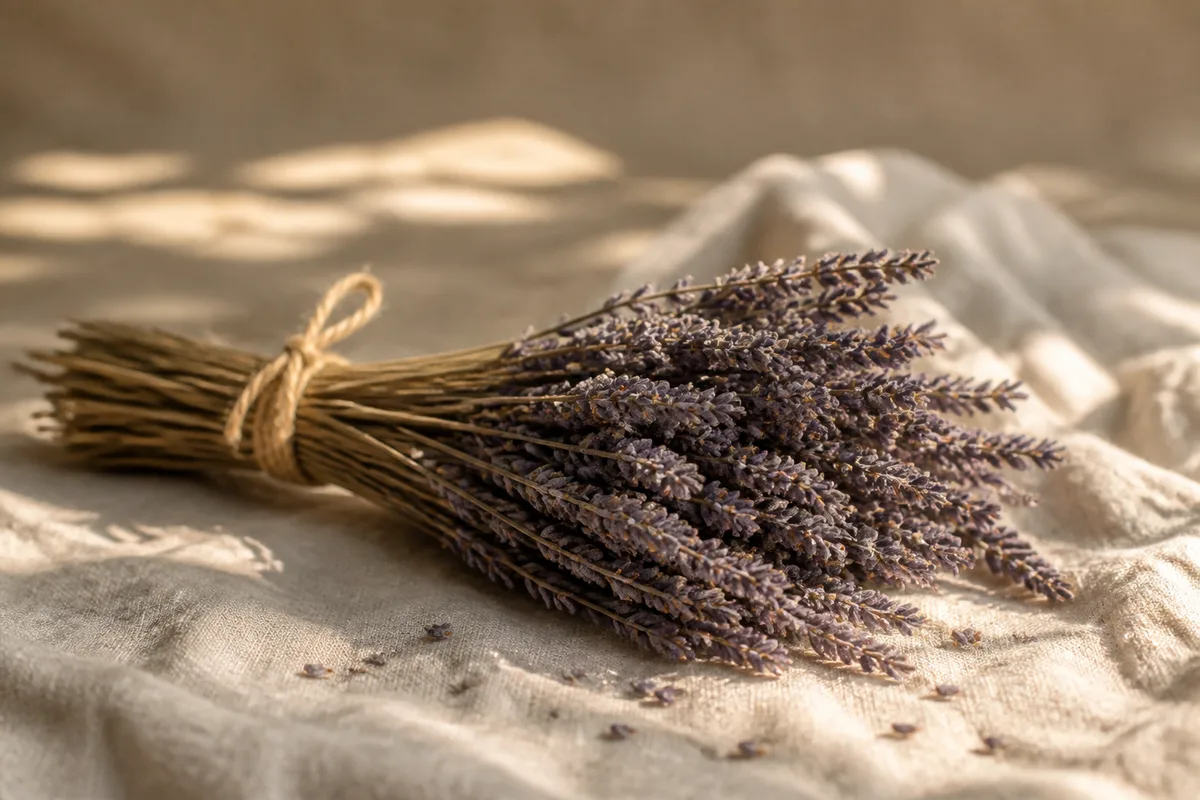 Bouquet de lavande séchée posé sur une nappe de lin froissé écru, lumière douce de fin de journée
