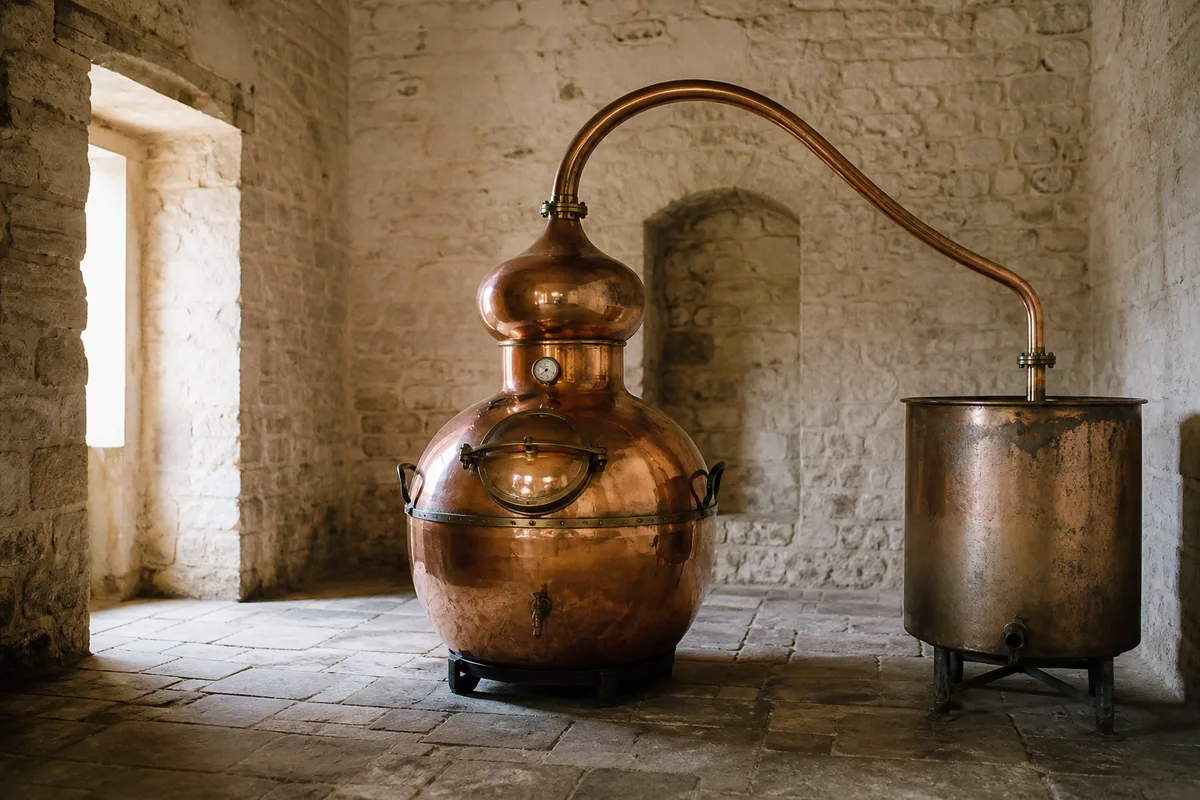 Alambic en cuivre poli dans une salle de distillation vide aux murs de pierre claire