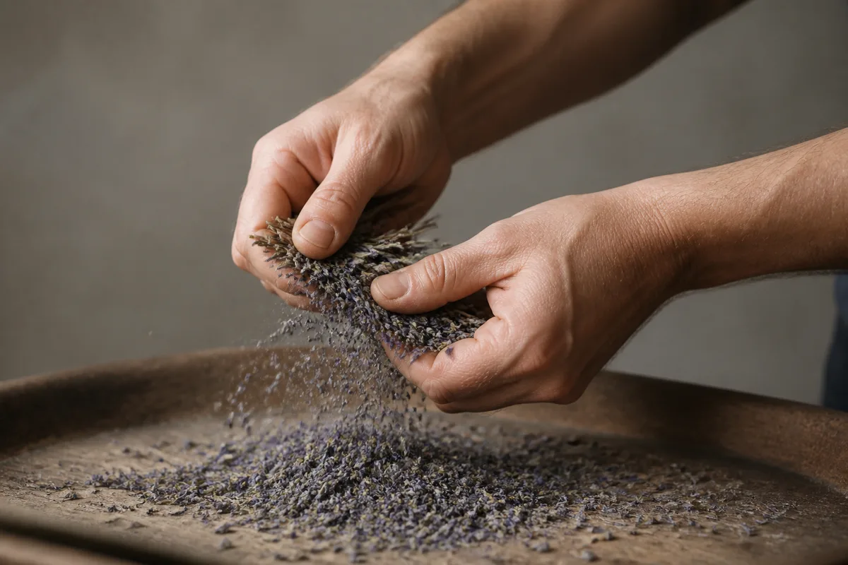 Mains froissant des épis de lavande séchée au-dessus d&rsquo;un plateau de bois brut, lumière latérale douce
