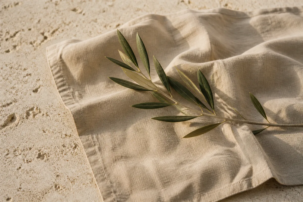 Filet d’huile d’olive dorée versé dans une coupelle de céramique blanche sur un plan de marbre clair