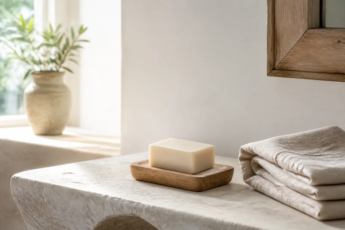 Salle de bains française lumineuse et vide avec un savon uni sur un porte-savon en bois