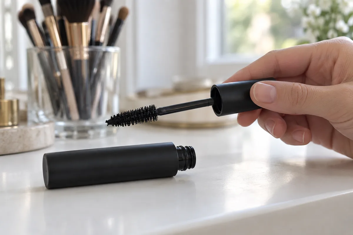 Main tenant une brosse de mascara noire au-dessus d&rsquo;un tube neutre sans inscription, pinceaux flous en arrière-plan