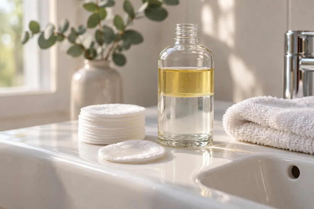 Disques de coton, flacon de démaquillant en verre transparent sans étiquette et serviette blanche près d&rsquo;un lavabo