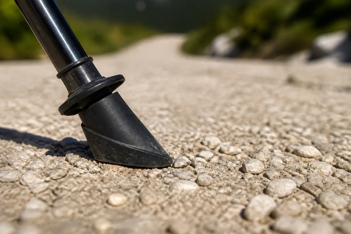 Pointe de bâton équipée d&rsquo;un embout caoutchouc posée sur un chemin de gravier clair