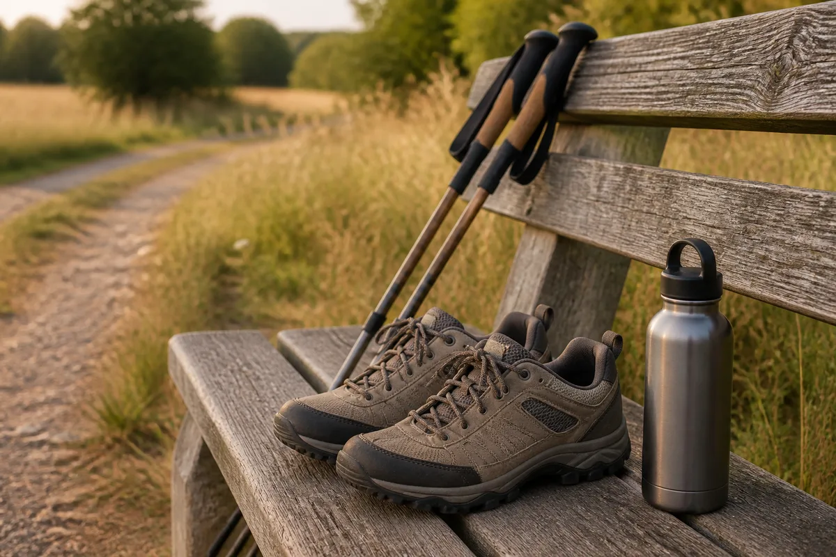 Paire de chaussures de marche et deux bâtons posés sur un banc en bois au bord d&rsquo;un chemin