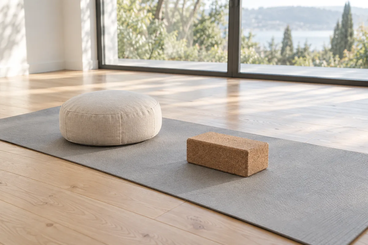 Tapis de sol gris clair déroulé avec un coussin ferme et une brique de yoga en liège posés dessus