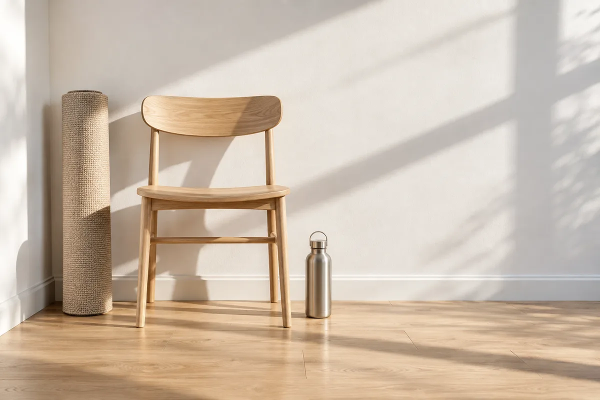 Chaise en bois contre un mur blanc à côté d’un tapis de sol roulé et d’une gourde