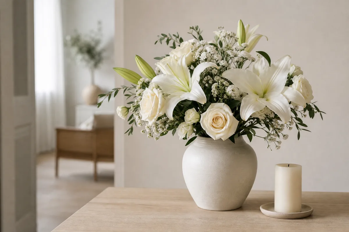 Composition florale blanche posée sur une table en bois dans une pièce claire