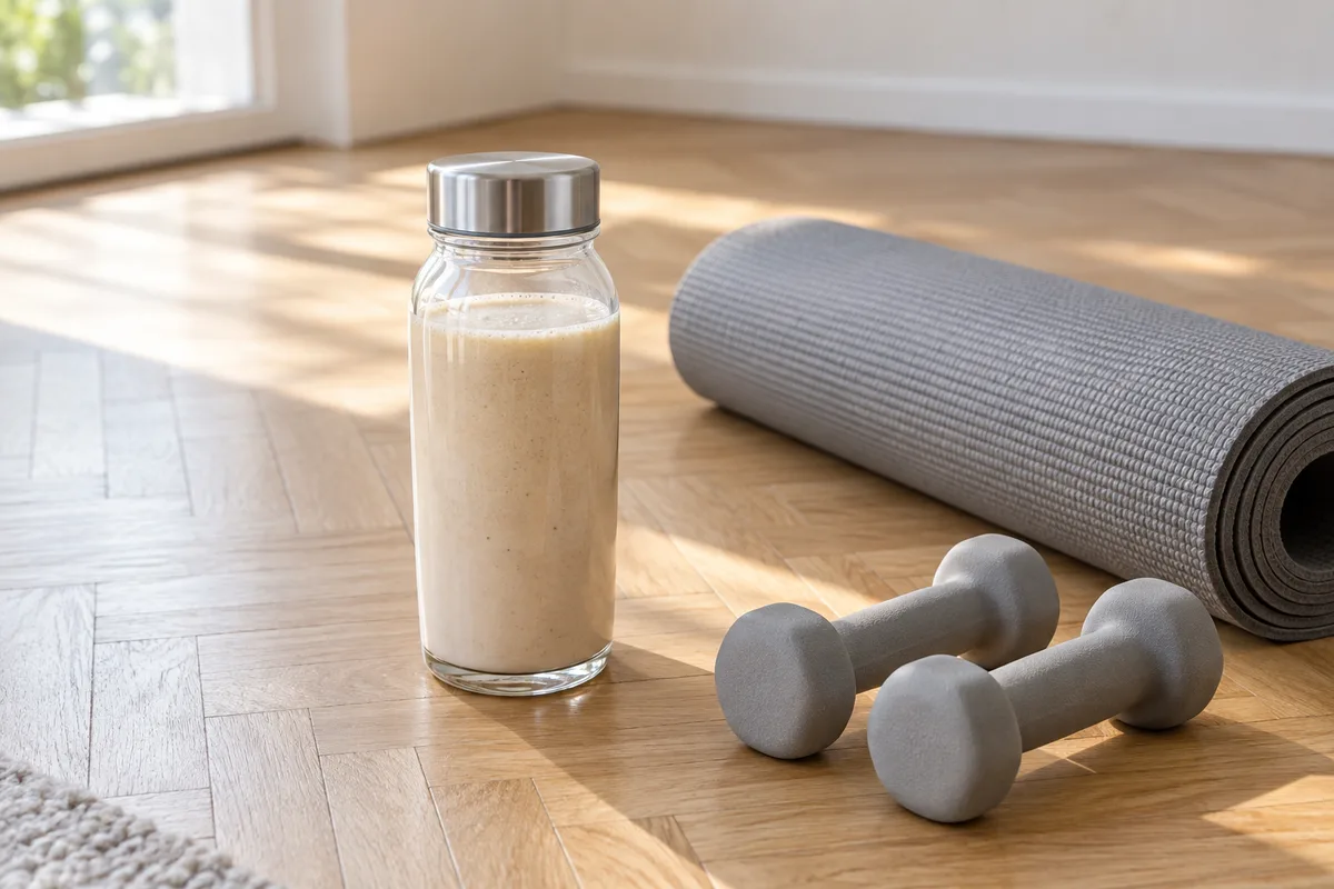 Shaker en verre rempli d&rsquo;une boisson beige clair posé près d&rsquo;un tapis de sol roulé et d&rsquo;une paire d&rsquo;haltères gris clair