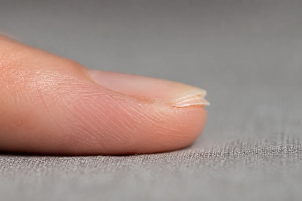 Vue macro de la tranche d’un ongle court montrant de fines strates superposées