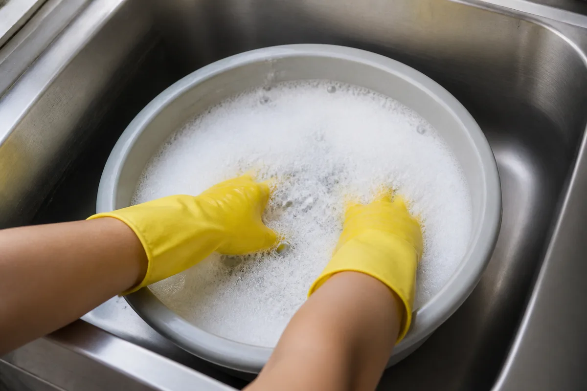 Mains gantées de caoutchouc jaune plongées dans une bassine d’eau savonneuse