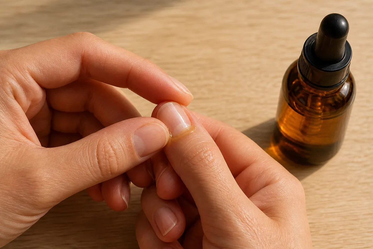 Doigts massant une goutte d’huile de soin à la base d’un ongle court